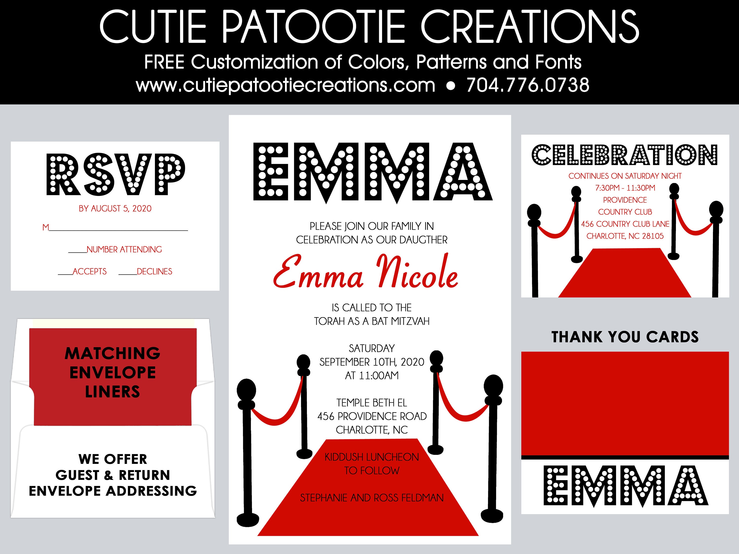 Hollywood Bat Mitzvah Invitation - Red Carpet Event Rsvp Reply Card Thank You Note Cards Envelope Addressing Use For Any
