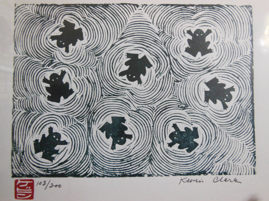 Frogs Froggy Frog Swimming Hand Carved Woodblock Print Japanese Washi Paper Signed Kevin Clark