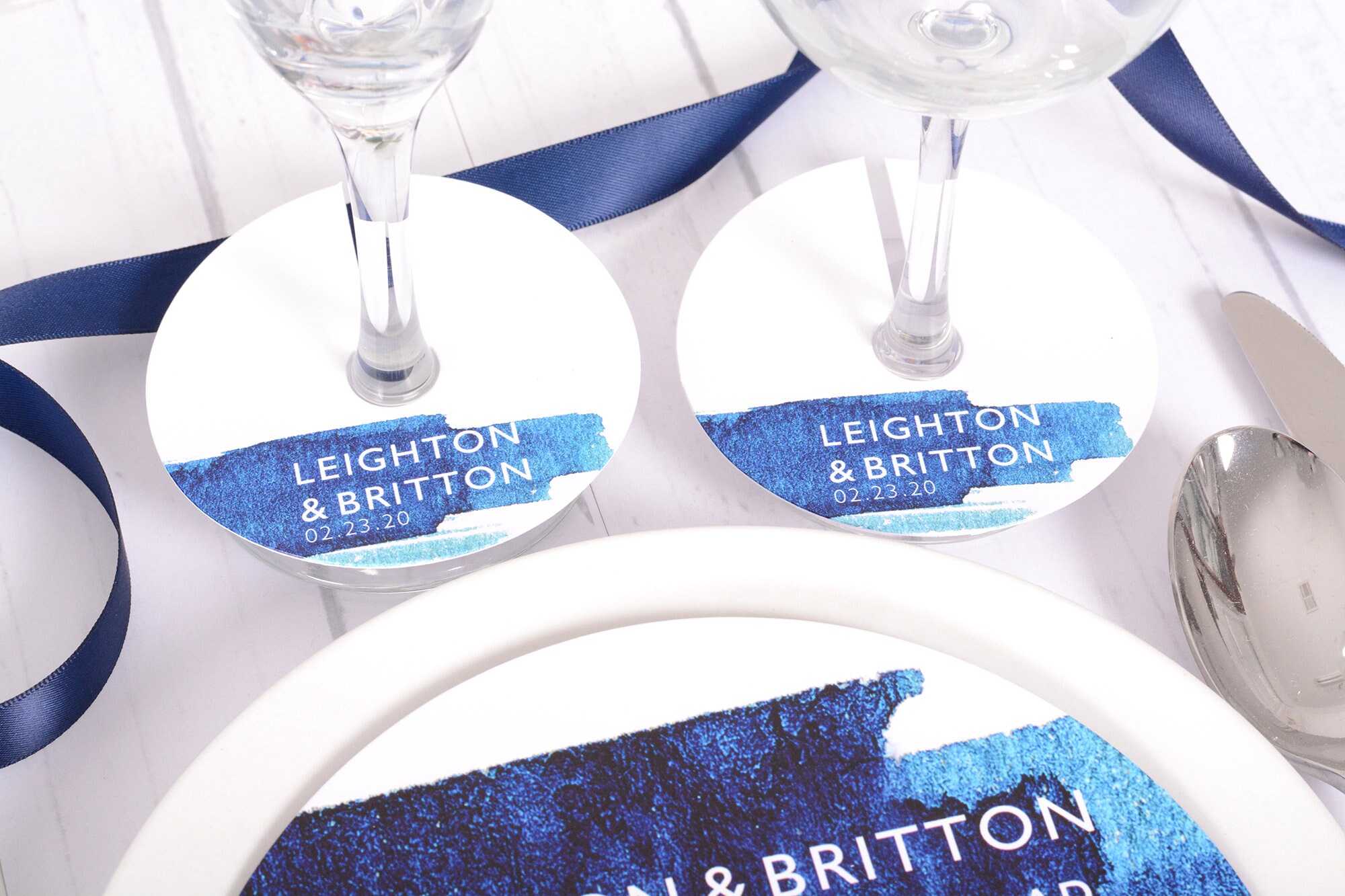 Wedding Wine Glass Tags - Champagne Tag Blue Watercolor Table Personalized Stem Circles Wdim-333