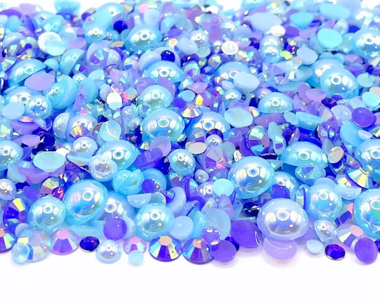 Ocean Princess Blend Rhinestone Mix 2mm-10mm Flatback Jelly Resin | Faux Pearls Rhinestones Mixed Sizes, Purple Blue