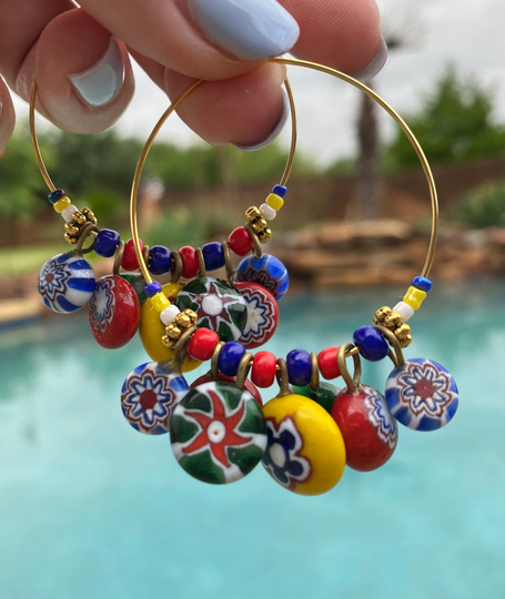 Beach Candy Boho Millefiori Glass Bead Drop Hoop Earrings