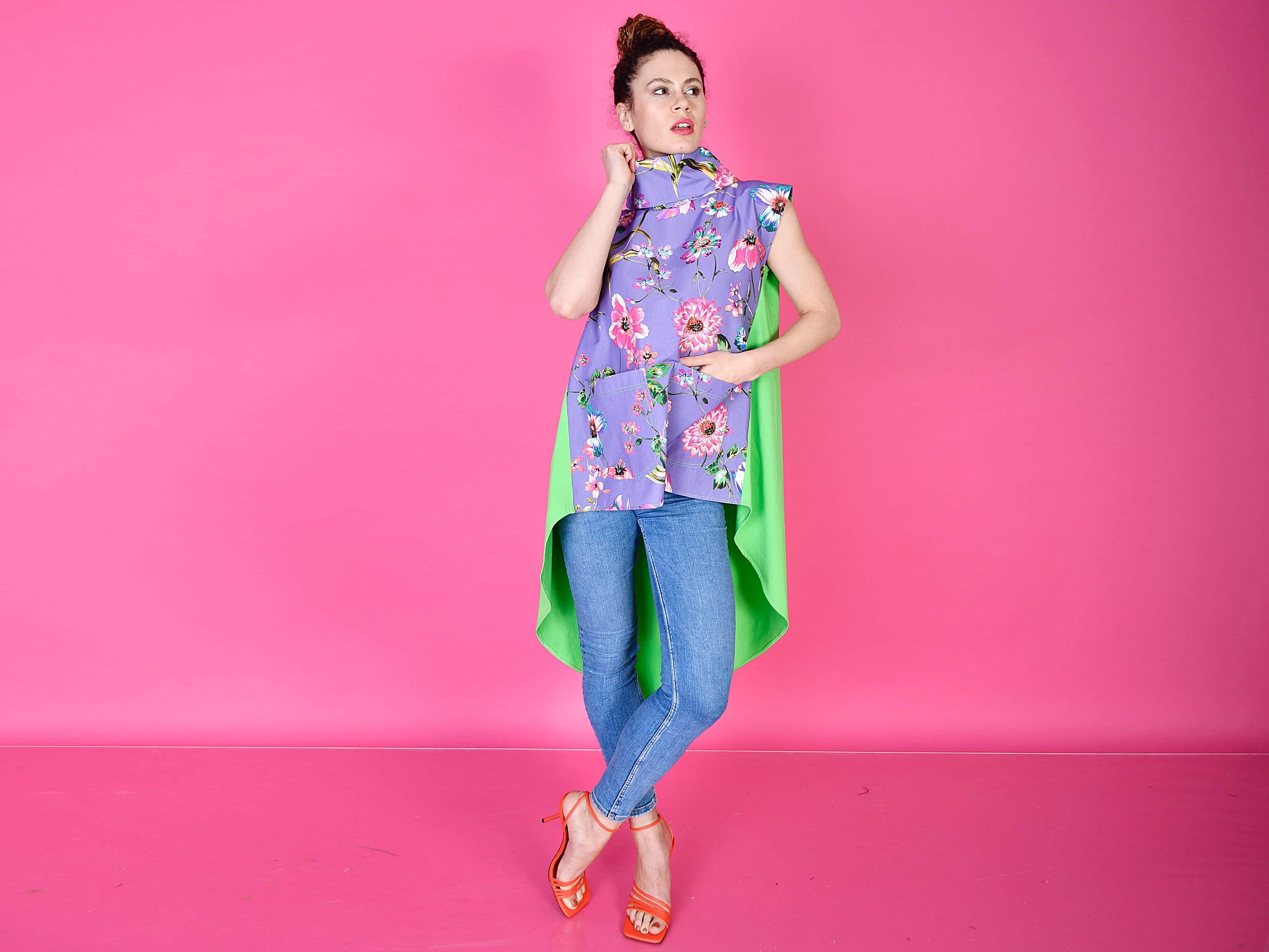 Asymmetrical Cotton Top/ Purple Summer Flowers High Neck Poplin Shirt/ Turtle Low Green Top