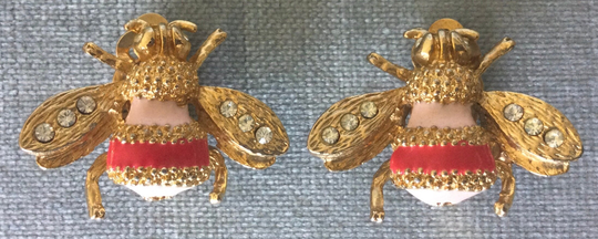 Cutest Gay Boyer Signed Pink Enamel Bumblebees W/Clear Crystal Eyes Earrings Gold Metal Vintage Designer Couture Runway Animal Bee Insect