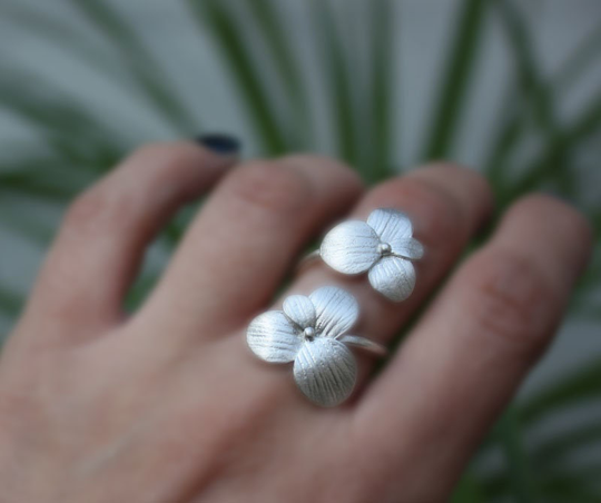 Two Blossoms Flower Ring, Sterling Silver, Handmade, Adjustable