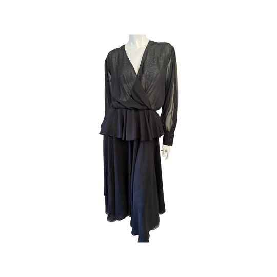 Louis Feraud Vintage 1980S Floaty Romantic Black Sheer Chiffon 2 Piece Skirt & Wrap Style Blouse Ensemble Suit