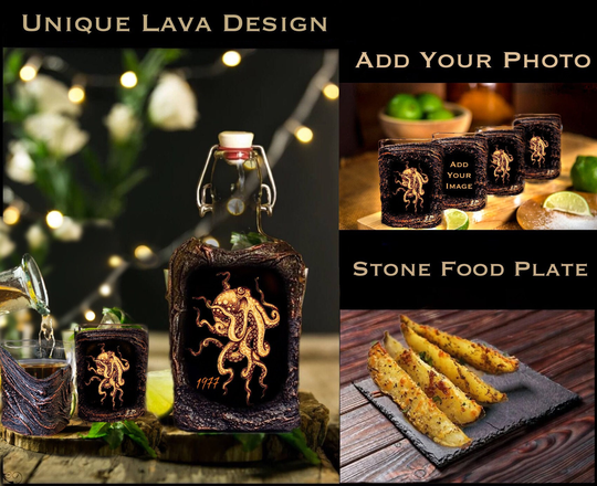 100% Handmade Octopus Whiskey Glass Flask Set With Shots Glasses Stone Plate