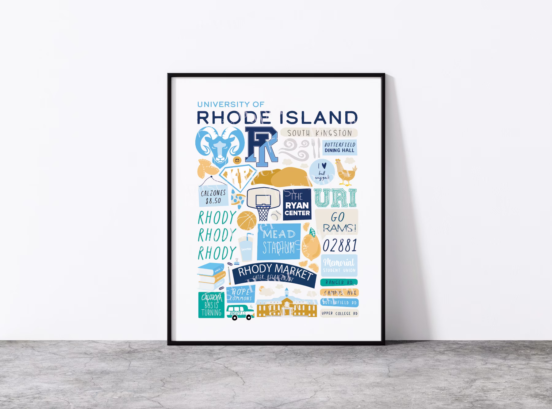 University Of Rhode Island Collage Poster - Uri Wall Art College Symbols Icons & Drawings Dorm Decor Grad Gift