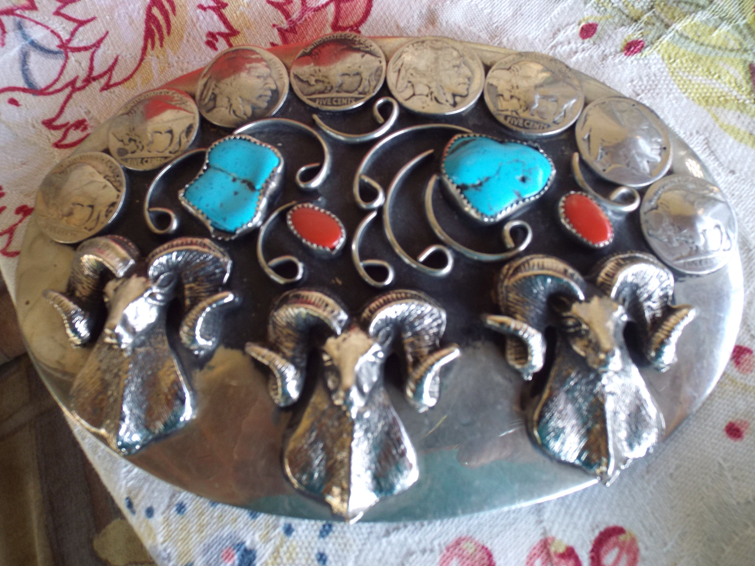 Old Pawn 3-D Ram Heads Huge Belt Buckle With Turquoise & Red Coral-Amazing