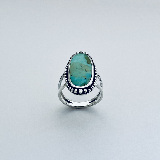 Sterling Silver Beads & Large Genuine Turquoise Ring With Shank Band, Boho Ring, Statement Bead