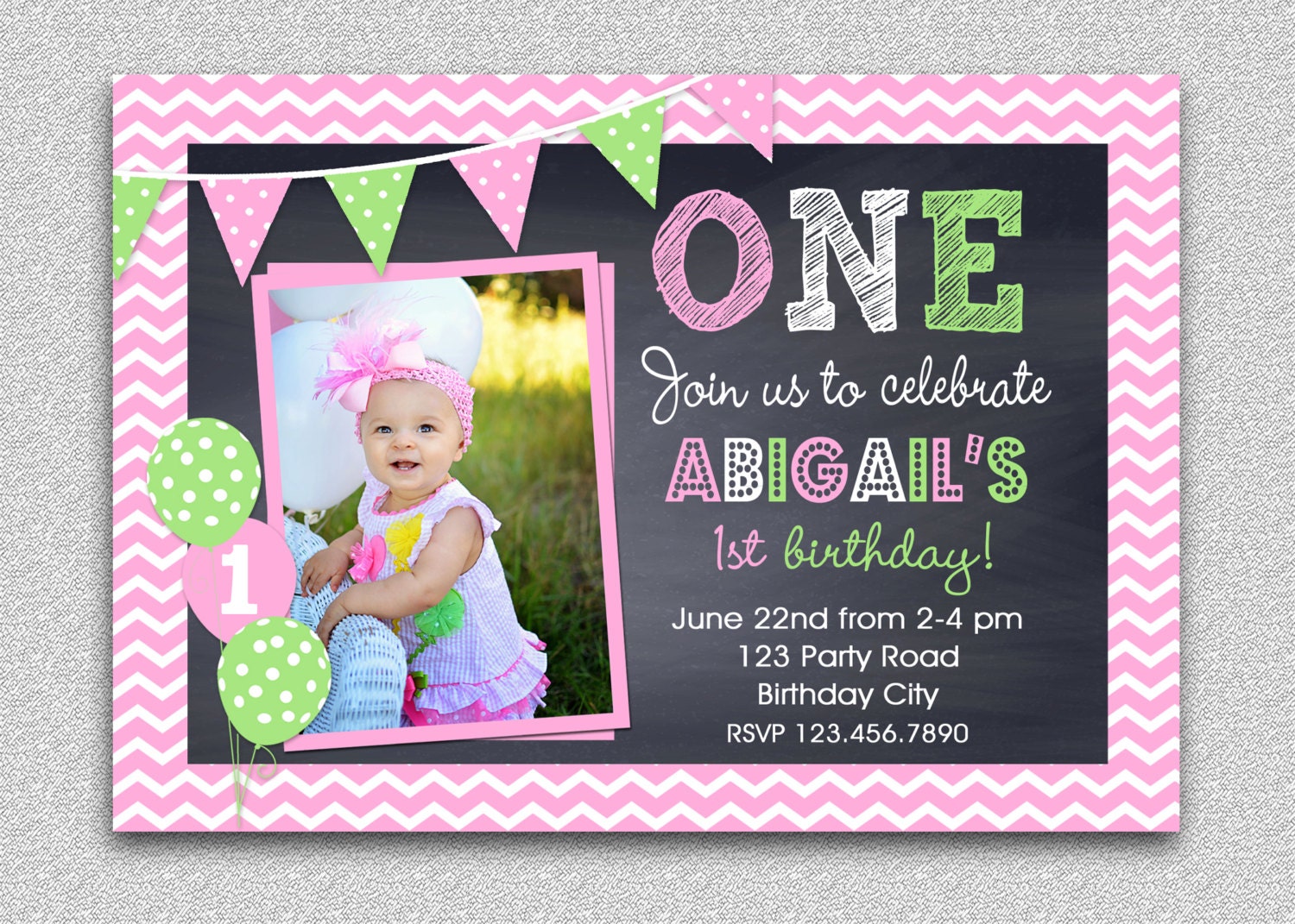 Chevron Birthday Invitation , Chalkboard Pink Green Invitation, Girls