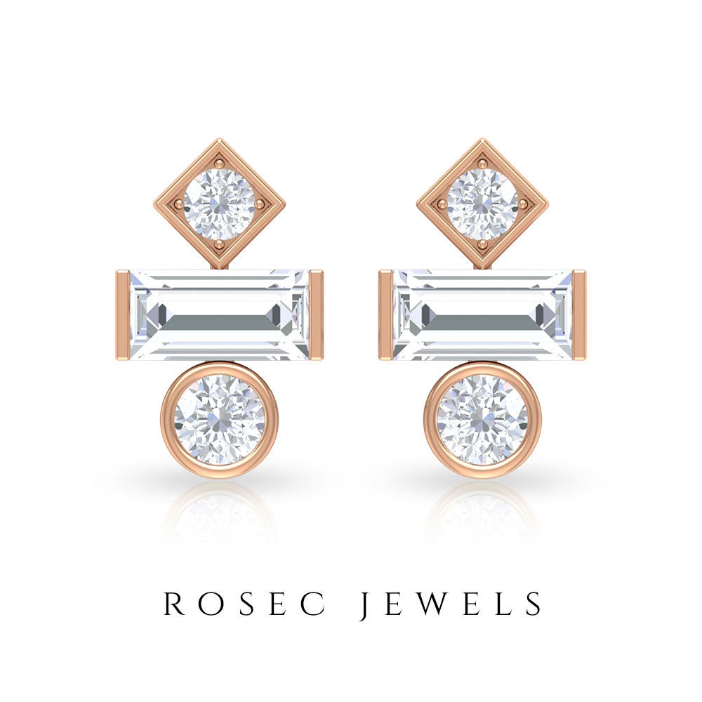 Three Stone Earrings, 0.75 Ct Diamond Stud Unique Earring, Antique Earrings