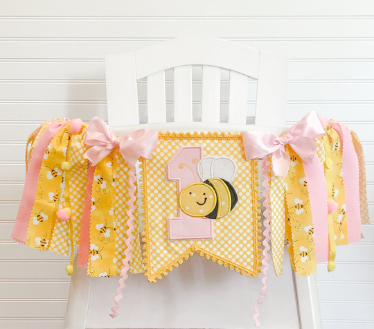 Honey Bee Birthday High Chair Tutu, Fabric Banner, Cake Topper, 1st Smash