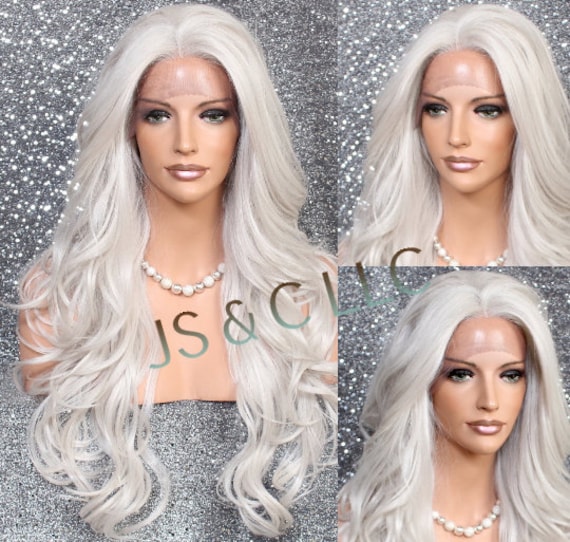 Human Hair Blend Lace Front Wig Long Wavy Layered Light Grey Gray Heat Ok Cancer/Alopecia/Cosplay