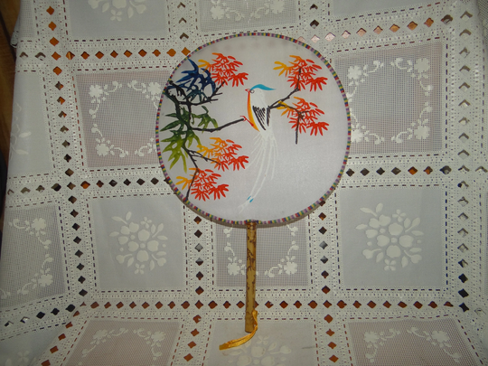 Vintage Oriental Hand Fan With Bamboo Handle