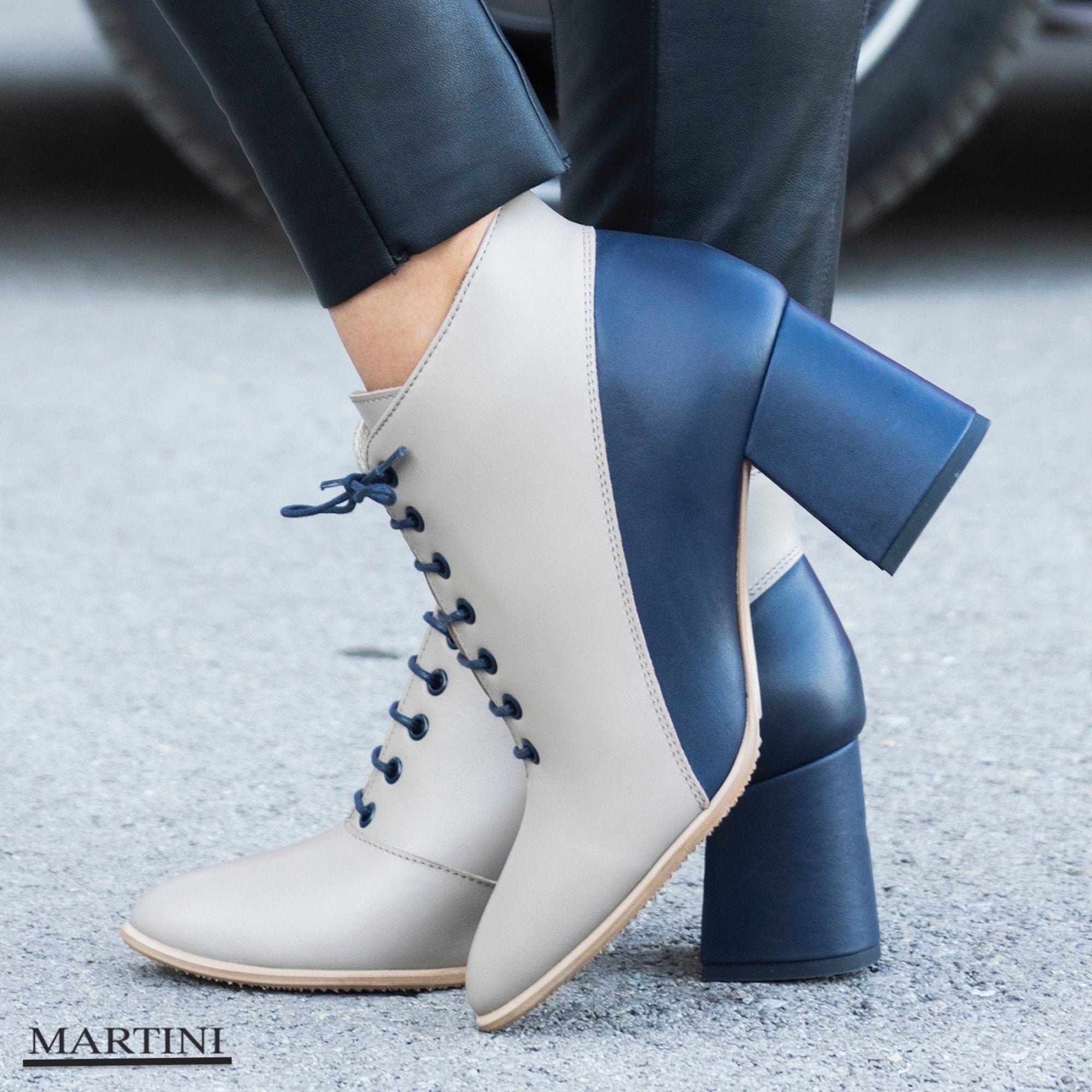Blue&white Ankle Boots For Women ~ Leather Chunky Heels Blue Zipper Elegant Shoes Lace-Up