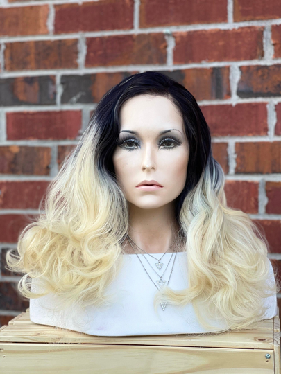 Human Hair Blend Wig Ombre/Platinum Blonde Lace Front 13x2" Multi-Directional Frontal Balayage