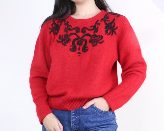Vintage 80S Red Angora Sweater, Pullover, Crew Neck, Beaded Design, Black Beads, Silk Nylon Rabbit Hair Blend, Robinsons