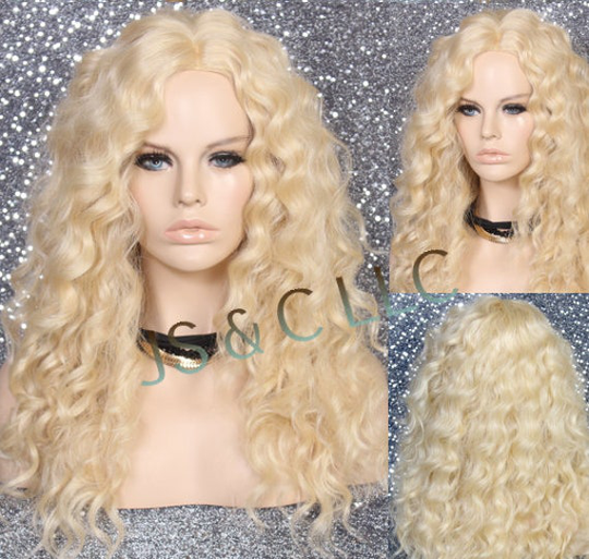 Pale Bleached Blonde Human Hair Blend Wig Silk Soft Curls Comb Out 4 Extra Volume Hand Tied Mono Free Part Cancer/Alopecia/Theater/Cosplay