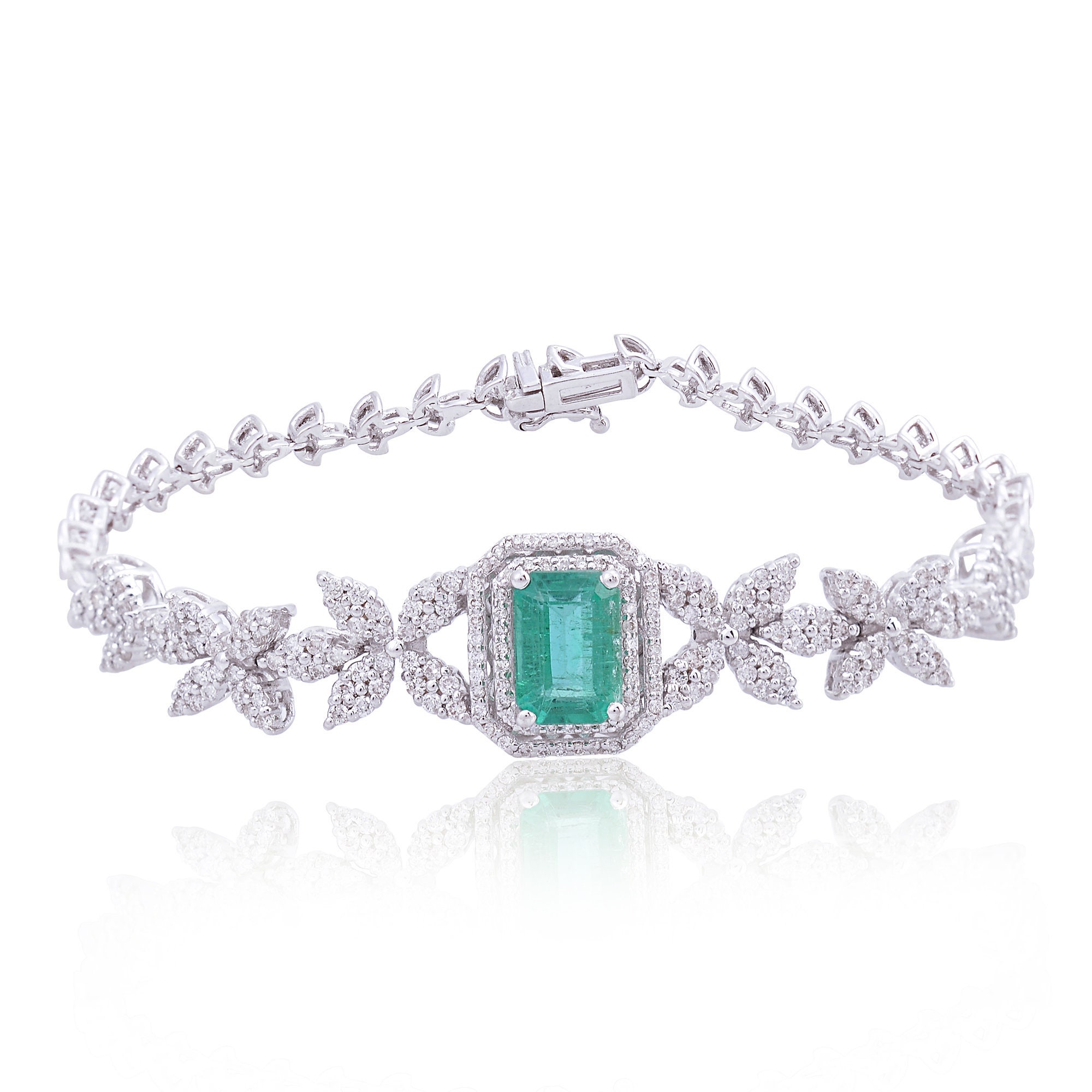 Emerald Leaf Diamond Chain Bracelet Solid 14K White Gold Genuine Gemstone Natural Hi Color Si Clarity Handmade Jewelry