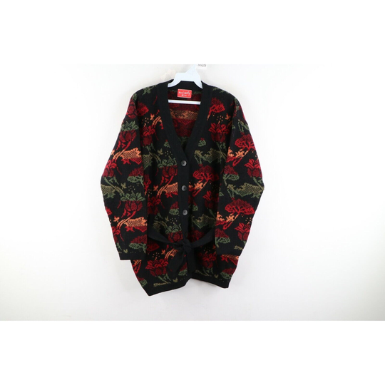 90S Coogi Style Womens Medium Wool Blend Knit Belted Floral Cardigan Sweater, Vintage 1990S Sweater