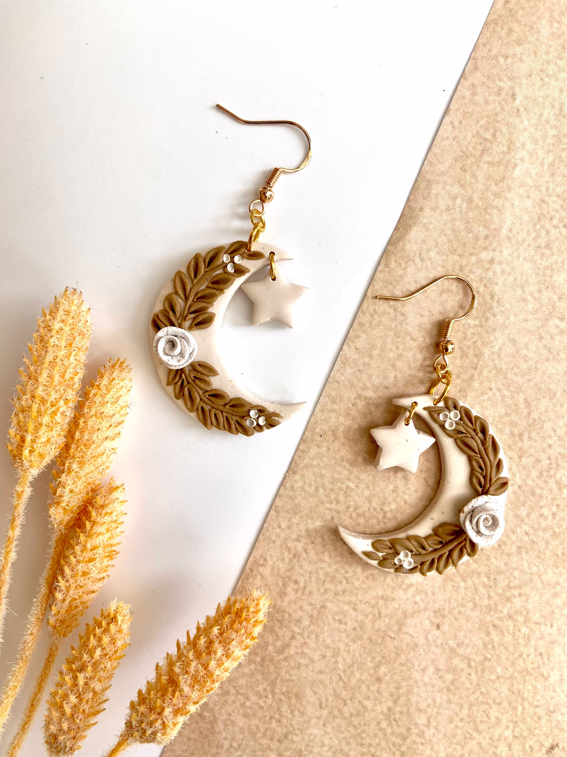 Clay Moon Floral Dangles With Star Dangle/Astrological Earrings Neutral Palette Polymer Clay Moon