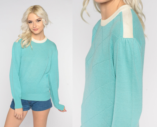 Puff Sleeve Sweater 70S 80S Turquoise Blue Diamond Knit Retro Wool Blend Pullover Ringer Crewneck White Striped Girly Vintage Medium