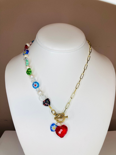 Split Necklace Millefiori/14K Plated Paperclip Chain Freshwater Pearls & Crystals Trendy Half