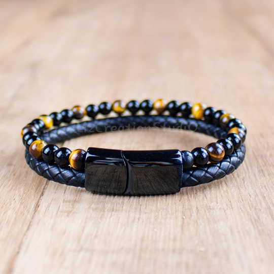 Men's Black Leather Bracelet-Tiger's Eye Bracelet-Black Obsidian Strength Calming Healing Stone Bracelet-Spiritual Protection Balance Gift