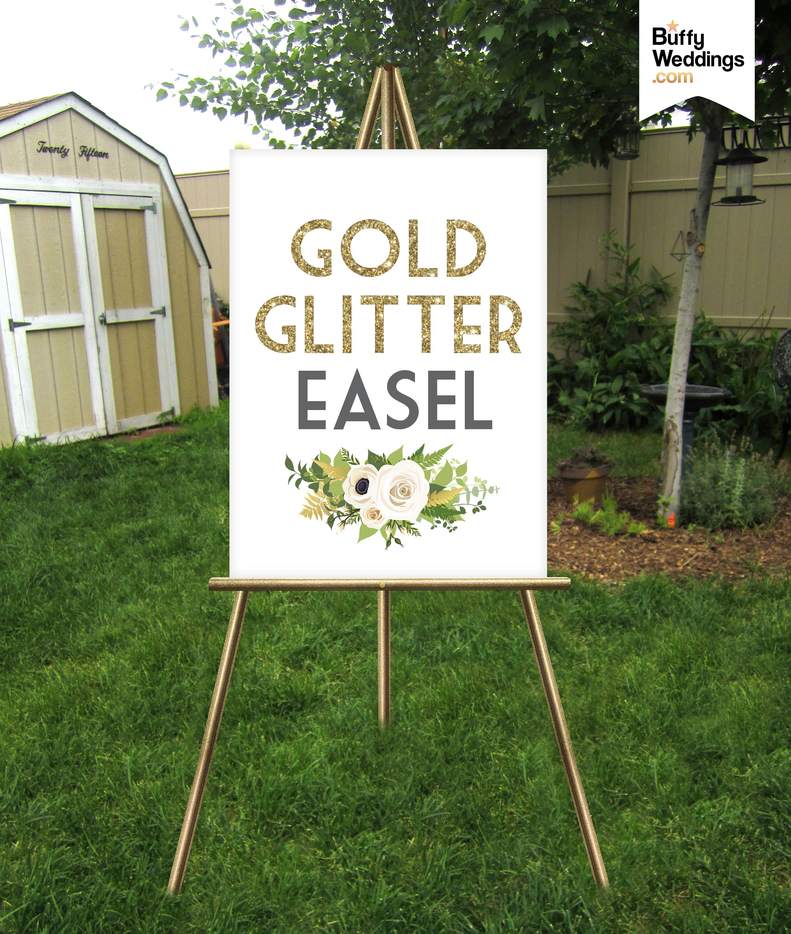 Gold Glitter Easel . Large Floor Wedding Stand Holds Signs Up To 30 X 40 in Lightweight Foam Board, Canvas, Wood Sign, Frames No Glass