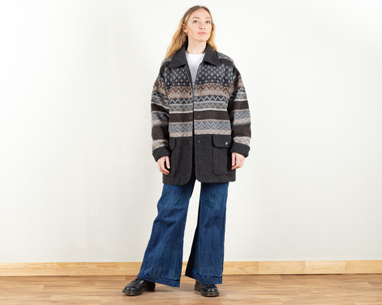 Geometric Pattern Coat Wool Blend 80S Blanket Coat Button Up Oversized Jacket Boho Outerwear Vintage Clothing Size Extra Large
