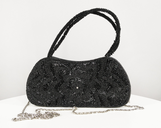 Vintage Black Beaded Theatre Bag, Small Formal Shoulder Bag