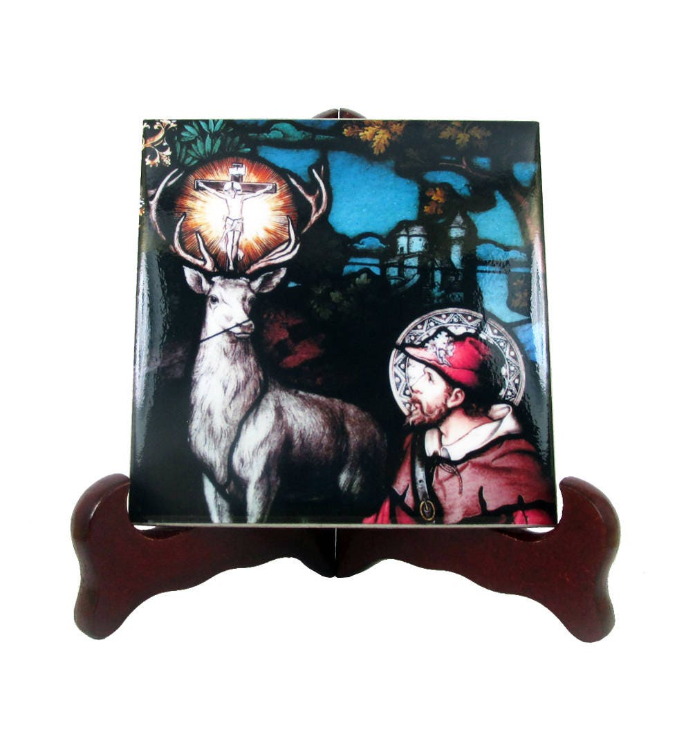 Saint Hubertus - St Hubert Icon On Ceramic Tile Catholic Saints Serie Of Lige Gift For Hunters