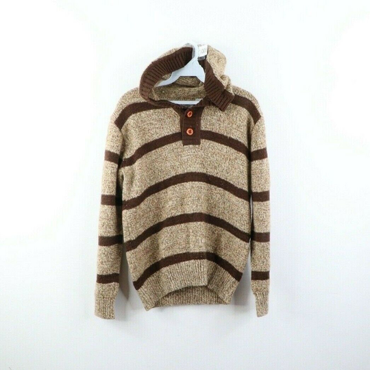 80S Streetwear Womens Medium Wool Blend Knit Striped Hoodie Sweater, Vintage Hoodie, Rockabilly Henley Neck