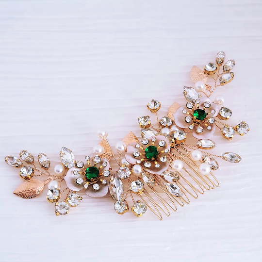 Green Bridal Hair Comb, Emerald Rhinestone Wedding Head Piece For Bride, Gold Headpiece, Blue, Bride Bridesmaid Jewelry