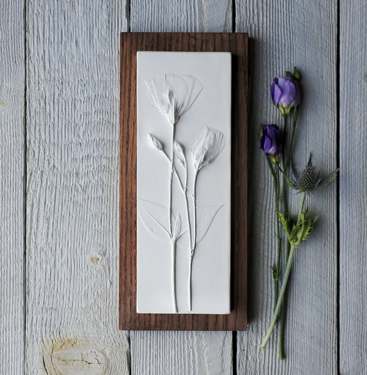 Lisianthus Plaster Cast Tile Mounted On Wood, Botanical Art, Flower Tile, Birthday Gifts, Gifts For Her, Wedding Home
