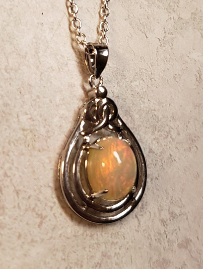 Natural Orange Fire Opal Necklace, See Video Is 8x10mm Of Fire 925 Sterling Celtic Design Pendant W/18" Chain