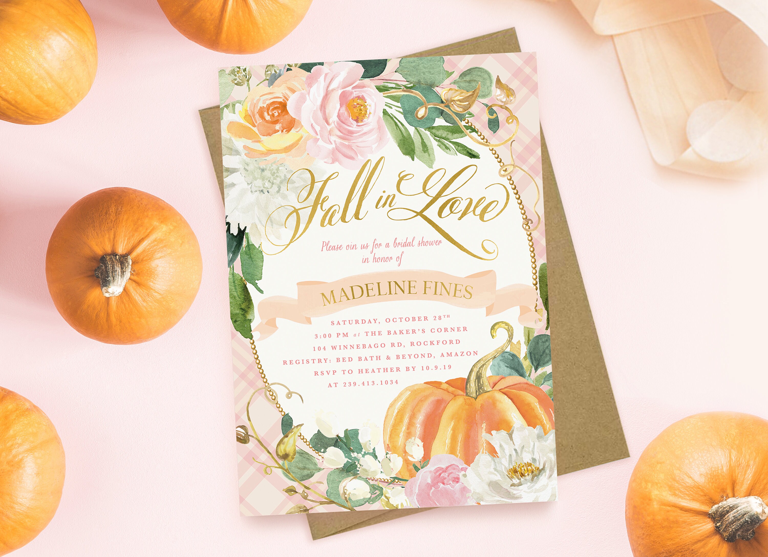 Fall Bridal Shower Invitation, Pumpkin in Love Invite, Pink & Orange, 16