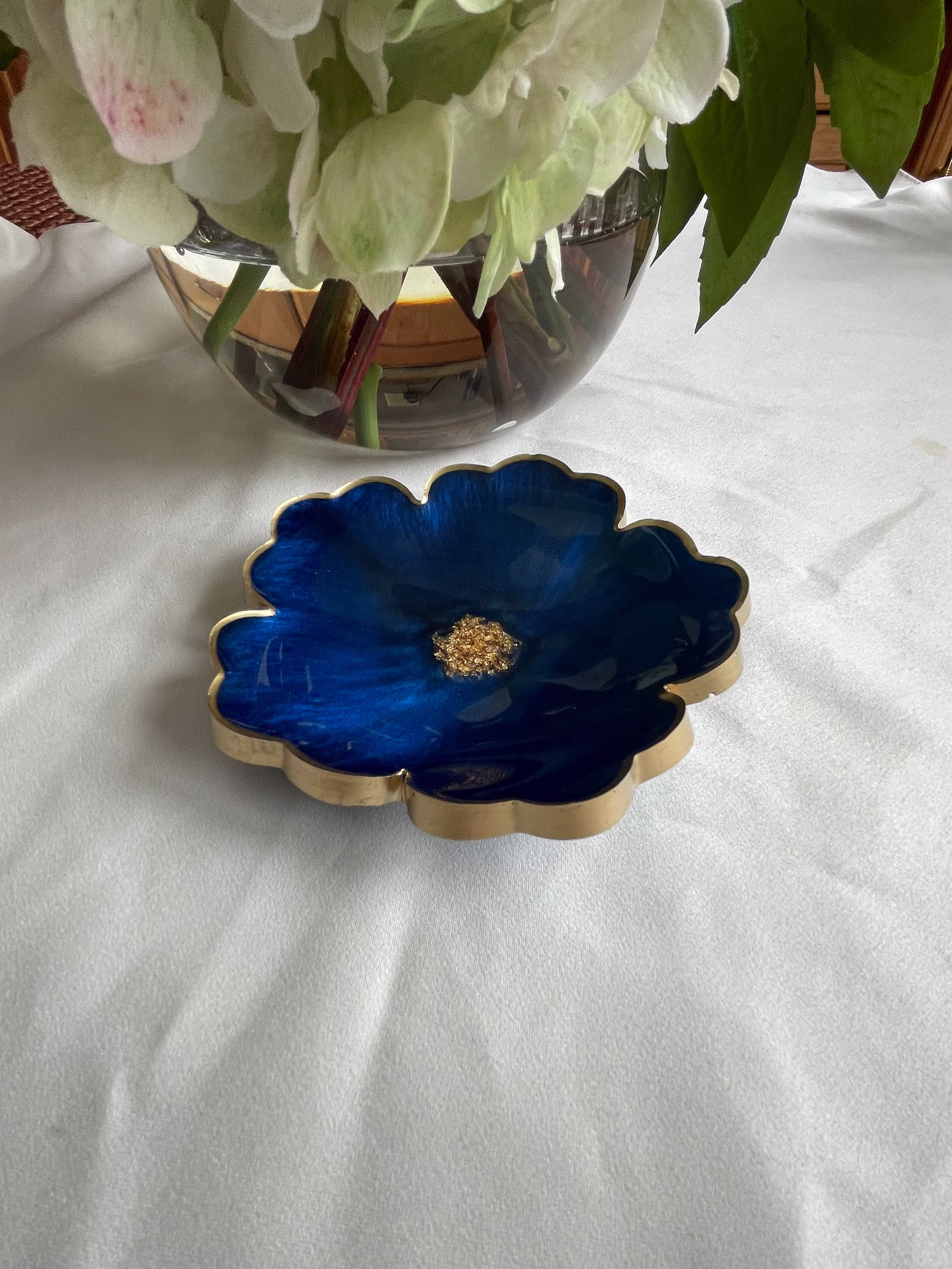 Flower Resin Trinket/Ring Dish in Cobalt Blue & Navy Accented With Gold Leaf Flakes Edged A Leafing