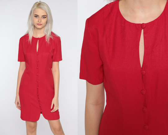 Red Mini Dress Keyhole Rayon Blend Button Up 90S Short Sleeve Vintage Shift 1990S Small 6