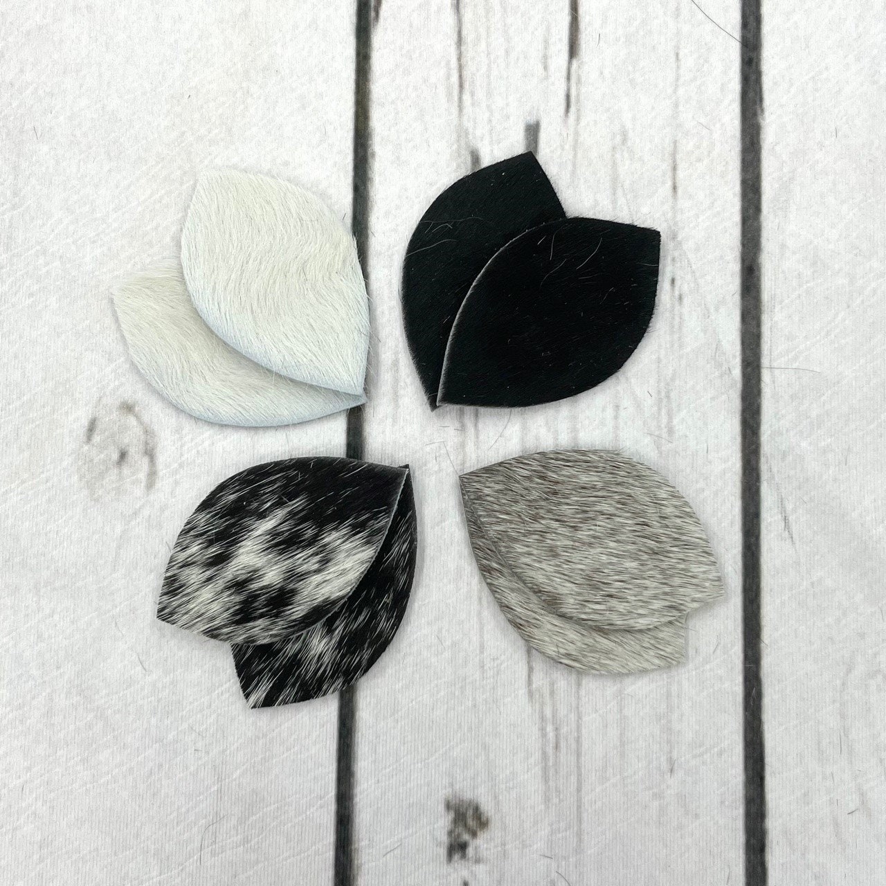 Genuine Leather/Medium Leaf Shape Hair On 6 Pairs Black & White Earring Blanks Cowhide Spotted Speckled Diy Jewelry