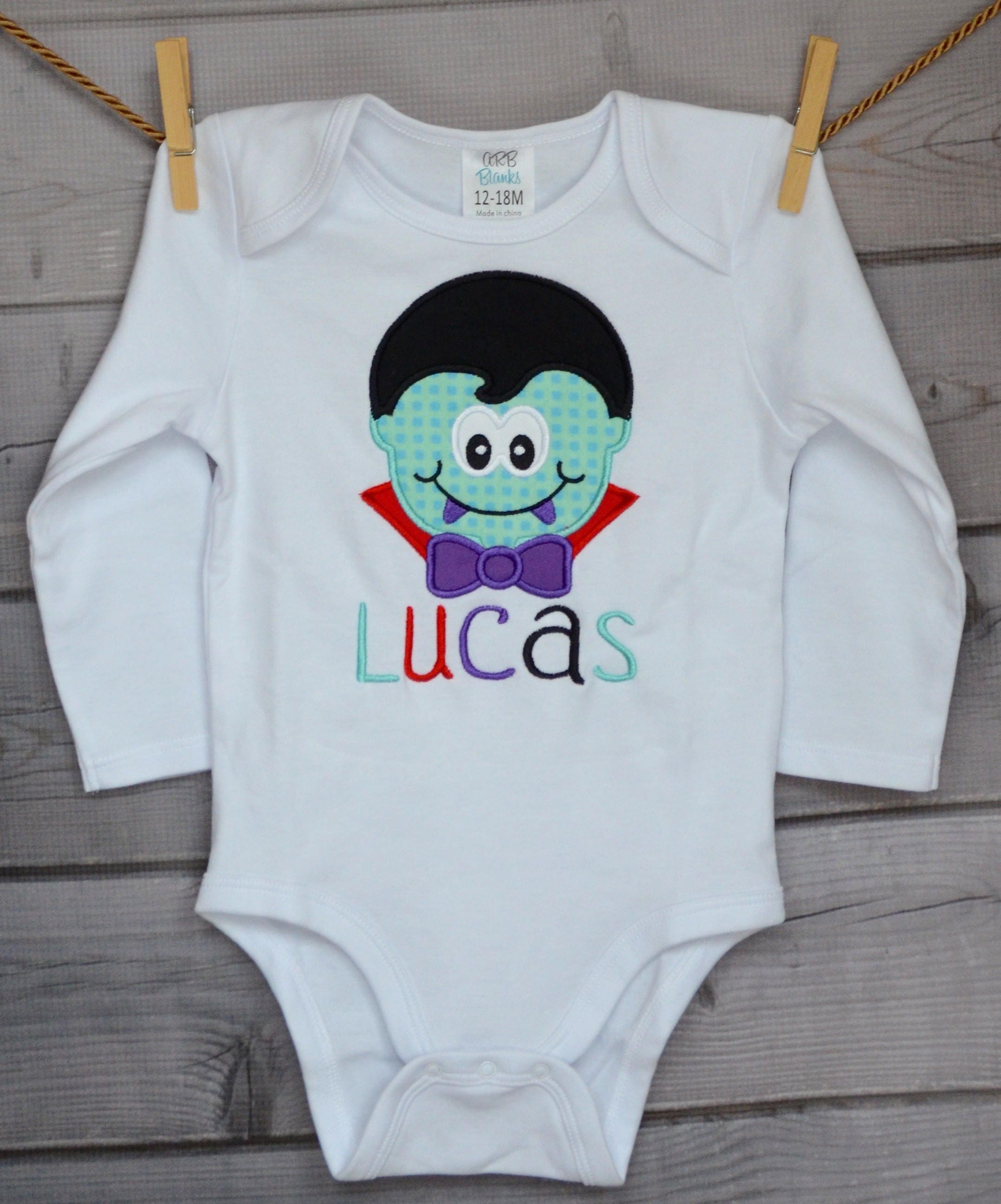 Personalized Halloween Dracula Frankenstein Skeleton Or Mummy Applique Shirt Bodysuit For Boy Girl
