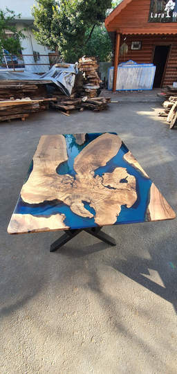 Epoxy Dining Table, Custom 60" X 40" Walnut Blue, Turquoise, Green Wooden Live Edge For Karen R