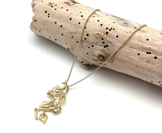 Vine Flower Gold Necklace/& Pearl Pendant Freshwater Plated Non Tarnishing 18" Plus 3"