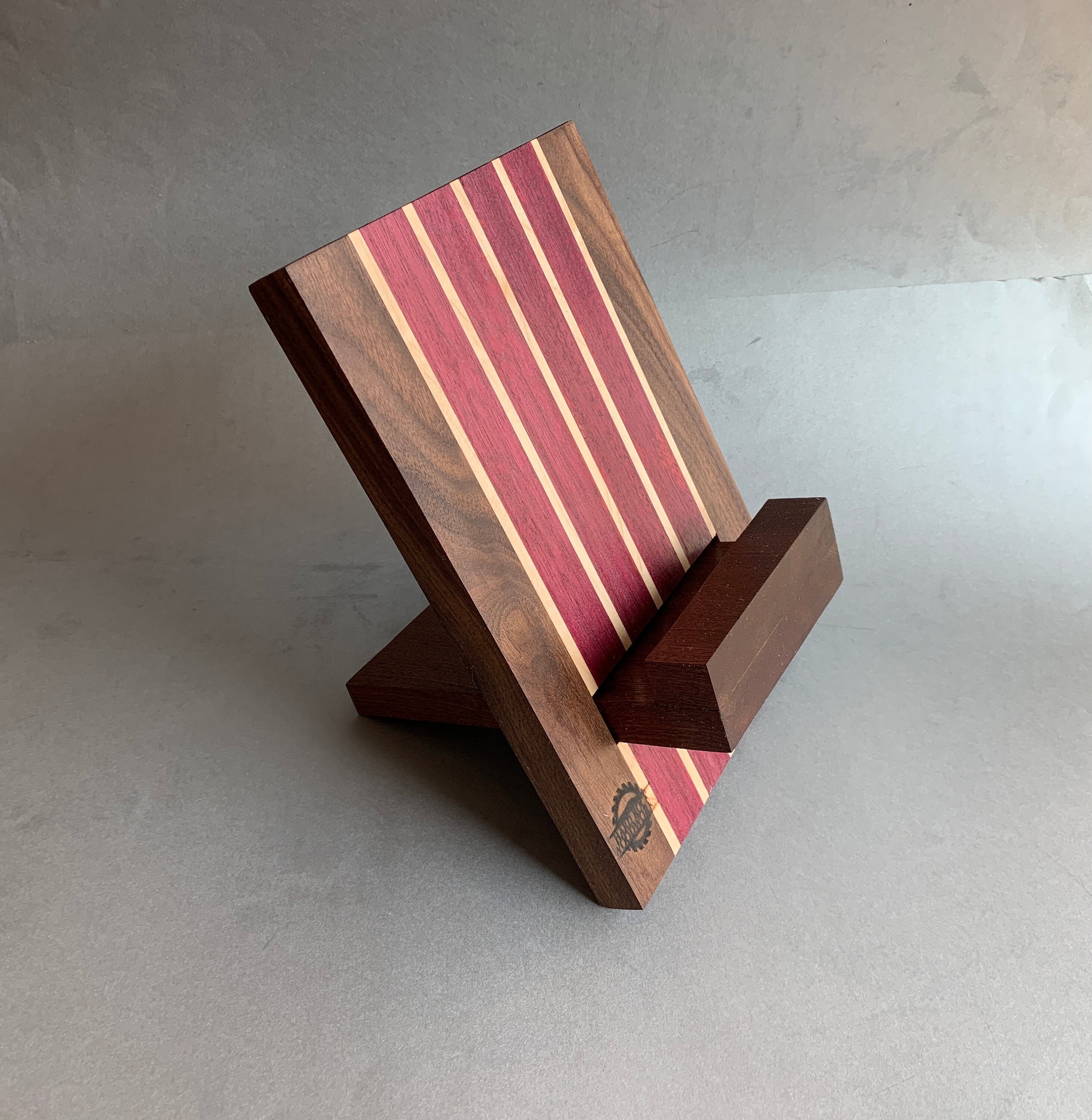 Purple Heart Striped Wooden Cookbook Holder | Handmade Adjustable Tablet Stand Wood Cook Book, Recipe, Ipad