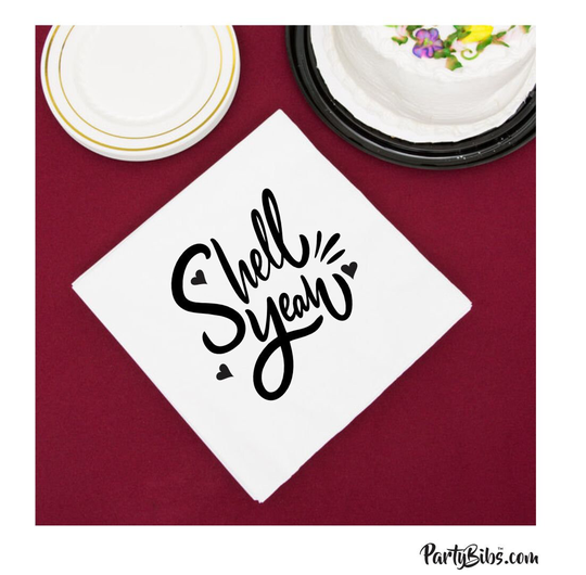 Shell Yeah Napkins, Pack Of 25, Beverage Cocktail Size, White With Imprint-Great For Parties, Seafood Dinners
