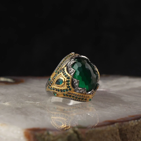 Handmade Silver Men Rings, Emerald Stone Ring Unique Men Ring 925K Silver Men's Ups Free Express Shipping