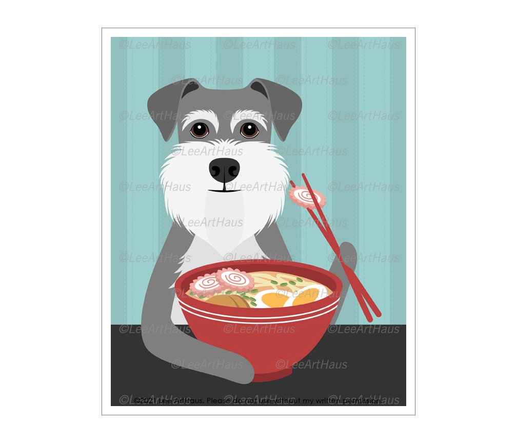 277D Schnauzer Eating Ramen Wall Art - Gifts Decor Noodles Print Sign Dog Artwork