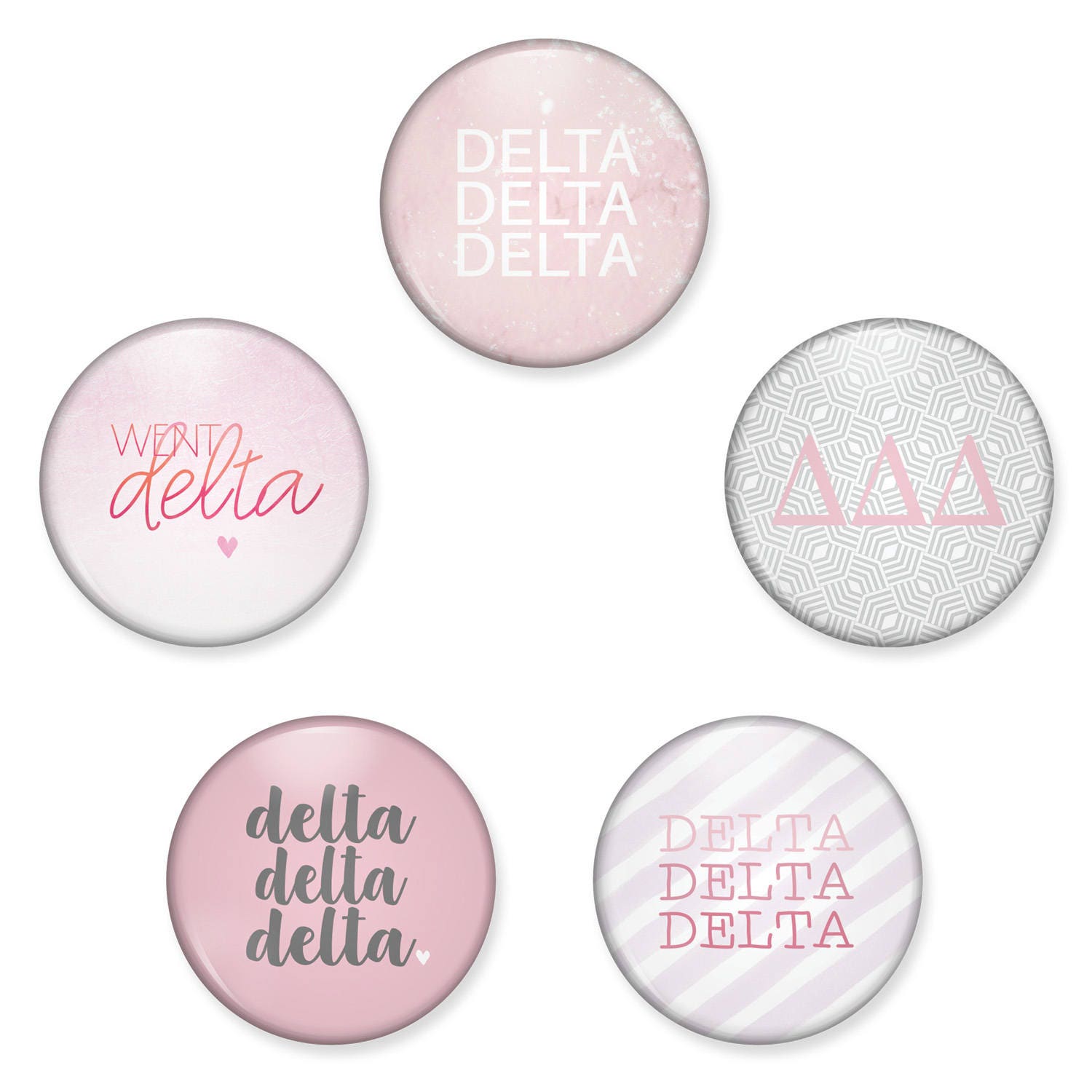 Delta Button Set, Pin Back Buttons, Tri Sorority Pack, Magnet Tridelta Magnets, Bid Day Gifts