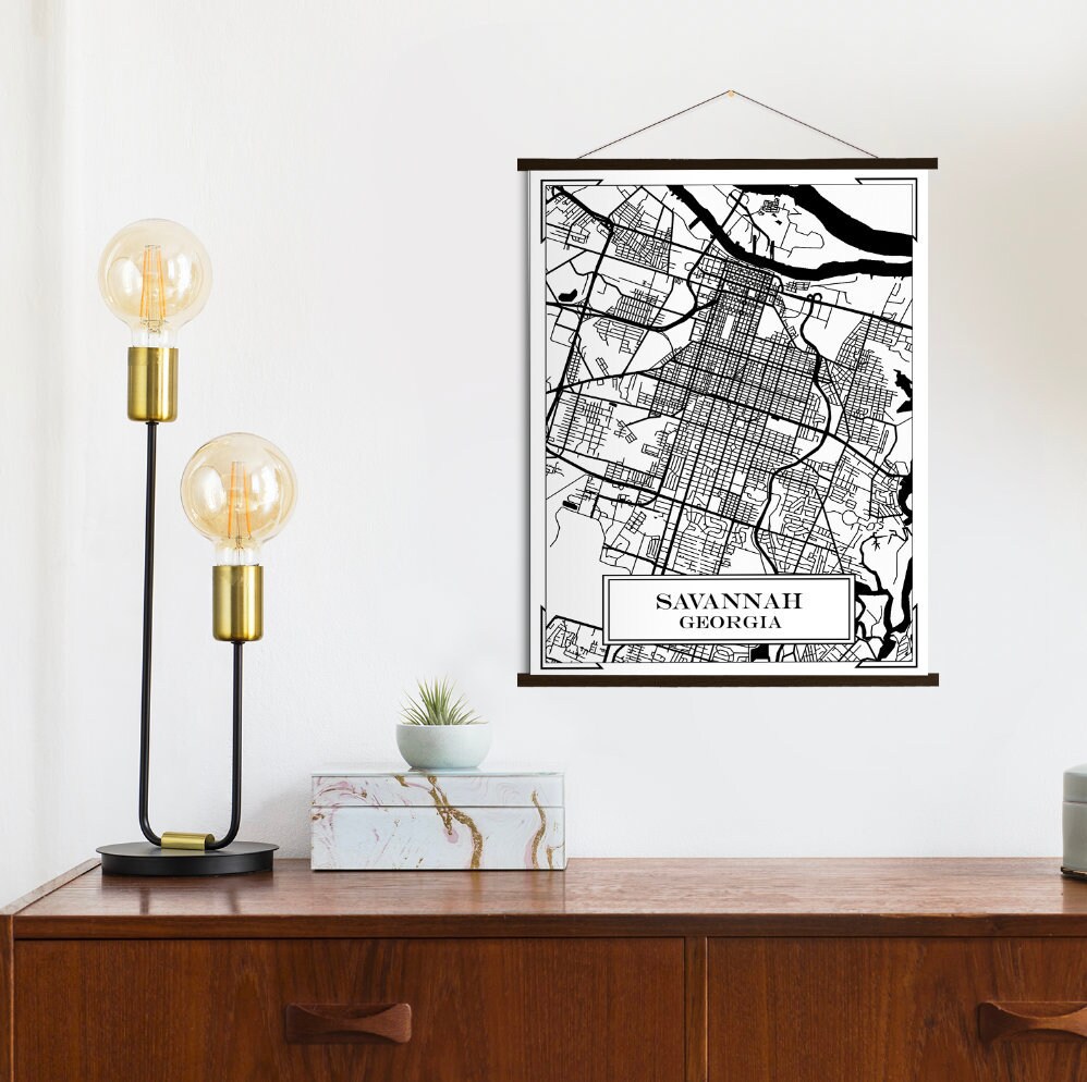 Savannah Georgia Black & White Street Map | Hanging Canvas Of Printed Marketplace