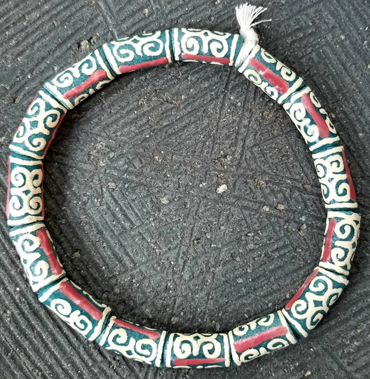 African Beads 15 Small Adinkra Glass Beads. "Ram Horn" Meaning Humility & Strength. Ghana Krobo Green, Red, Cream Beads